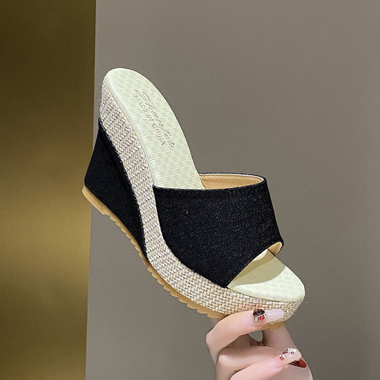 Damen nan Keil-Pantolette mit offenem Zehenbereich breitem Textilriemen Bast-Plateau und gepolstertem Komfortfußbett R&B