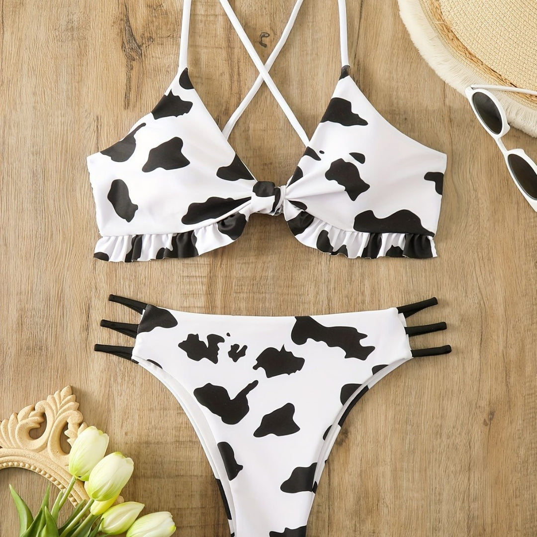 Damen Triangel-Bikini mit franjendetail und verspieltem Kuhmuster R&B