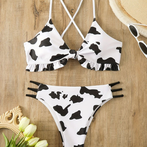 Damen Triangel-Bikini mit franjendetail und verspieltem Kuhmuster R&B