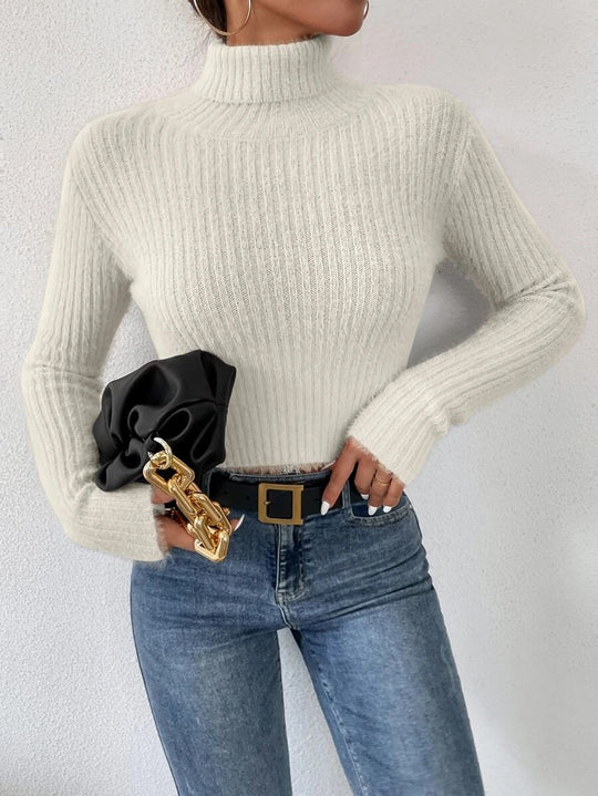 Damen Feinstrickpullover mit Stehkragen und modernem Rippdesign R&B