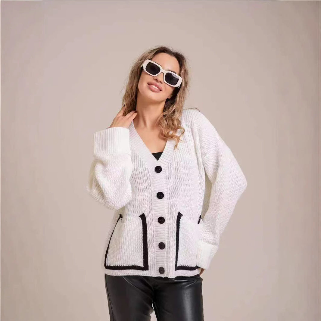 Damen Strickjacke mit großem Kragen und Taschen R&B