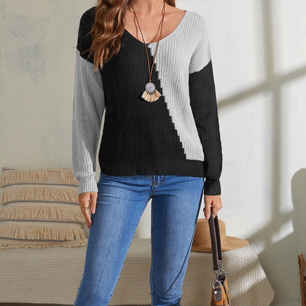 Damen lässiger Pullover mit asymmetrischem Farbspiel und V-Ausschnitt R&B