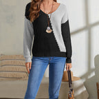 Damen lässiger Pullover mit asymmetrischem Farbspiel und V-Ausschnitt