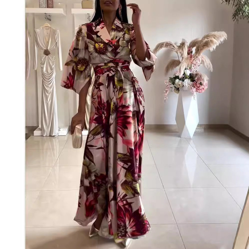 Damen nan Maxikleid mit Reverskragen, Kimonoärmeln und taillierendem Bindegürtel R&B