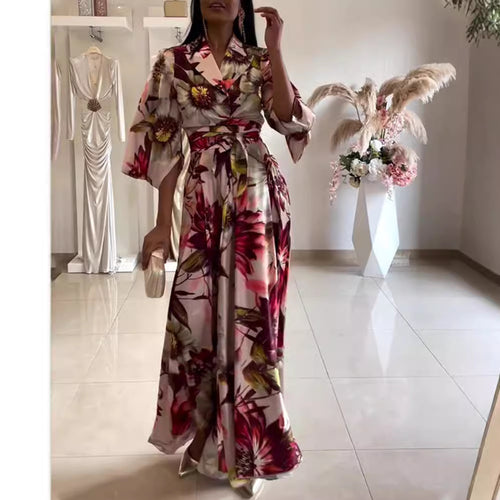 Damen nan Maxikleid mit Reverskragen, Kimonoärmeln und taillierendem Bindegürtel R&B