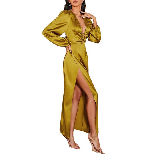 Damen Elegantes Maxikleid mit tiefem V-Ausschnitt und voluminösen Ärmeln R&B