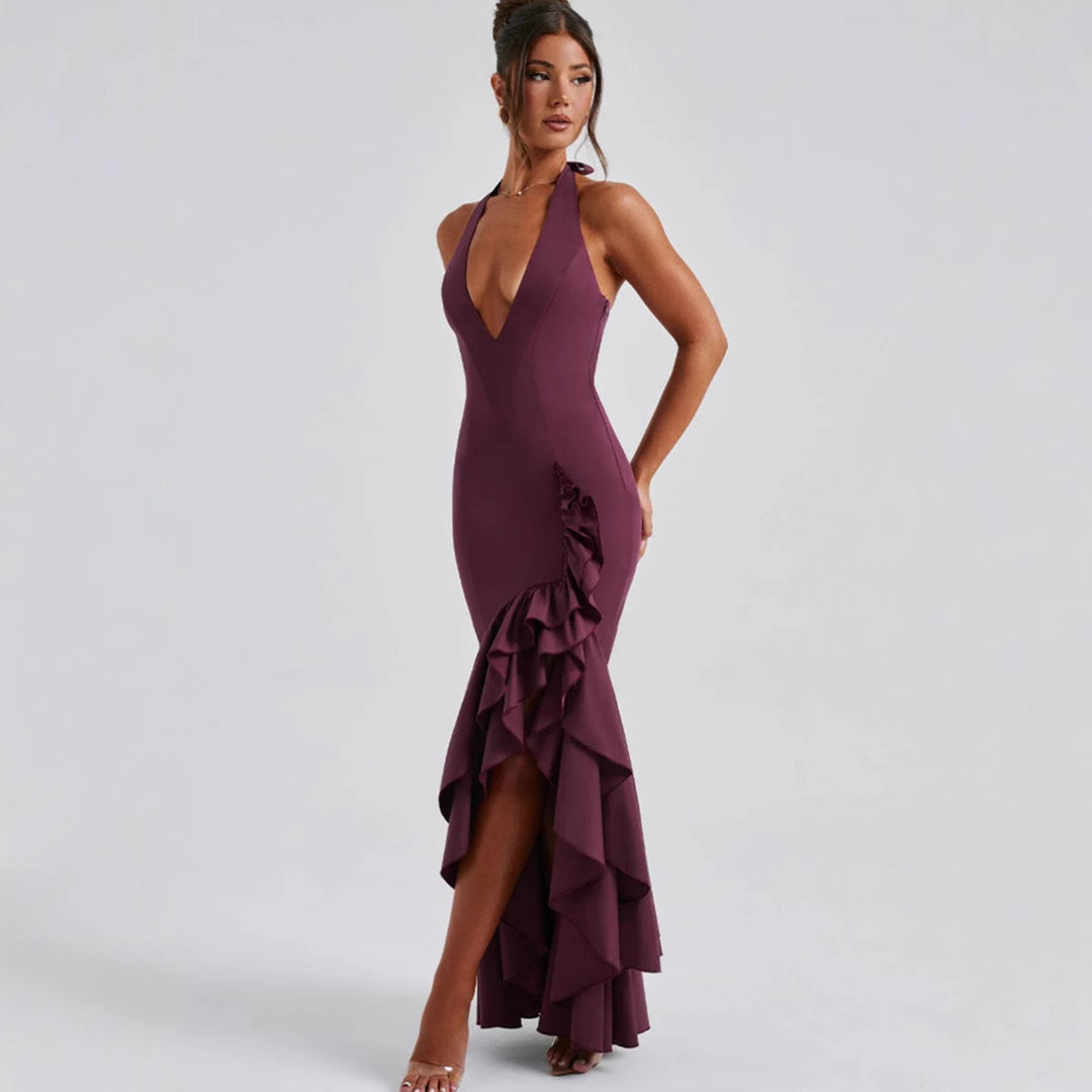 Damen Hochgeschlossenes Maxikleid mit Rüschen und tiefem V-Ausschnitt R&B