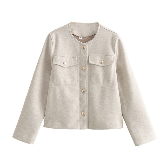 Damen elegante Modische Jacke mit zwei aufgesetzten Taschen und goldenen Knopfdetails R&B