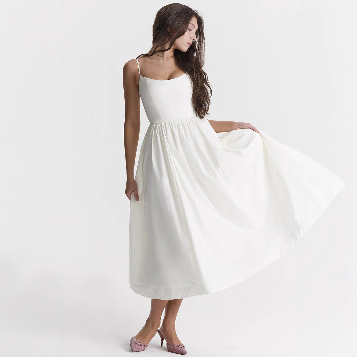 Damen elegantes Midikleid mit Spaghetti-Trägern und fließendem Rock R&B