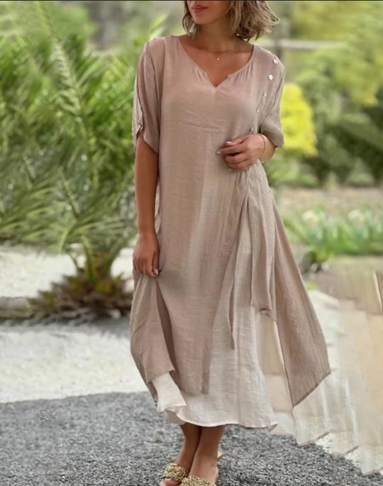 Damen nan zweilagiges Hemdkleid mit asymmetrischem Lagenrock, seitlicher Zierknopfleiste und Tunnelzug R&B