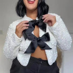 Damen Elegante Jacke mit Paillettenbesatz und Schleifen-Detail R&B