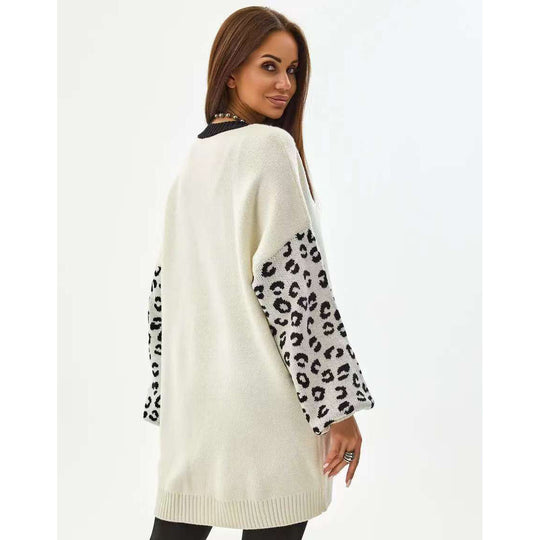 Damen Langer Strickcardigan mit Leopardenmuster und Knopfdetails R&B