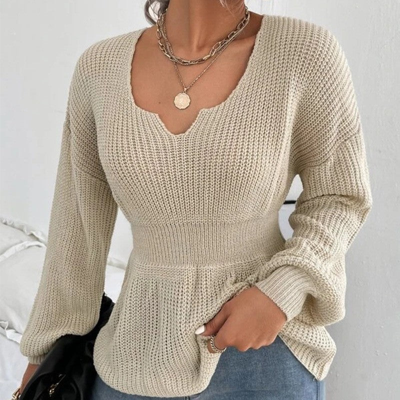 Damen lässiger Strickpullover mit tiefem V-Ausschnitt und Rippstruktur R&B