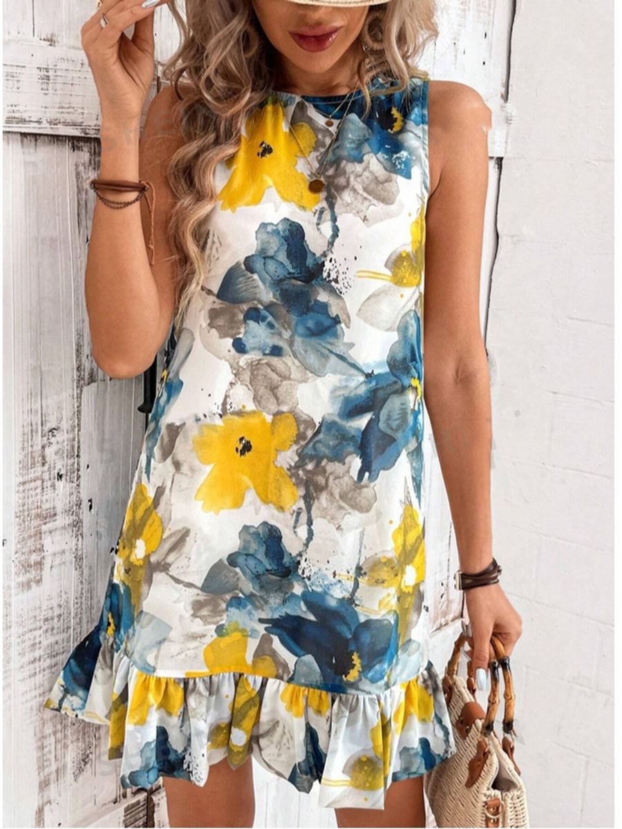 Damen Blumenkleid mit Rüschensaum R&B