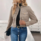 Damen modische Kurzjacke aus hochwertigem Kunstleder mit praktischen Taschen R&B