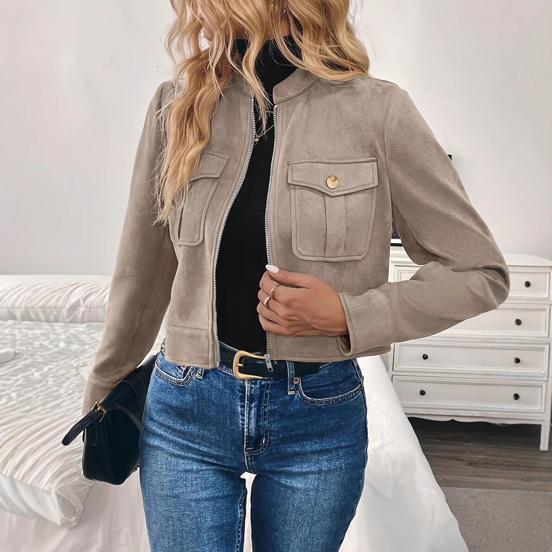 Damen modische Kurzjacke aus hochwertigem Kunstleder mit praktischen Taschen R&B