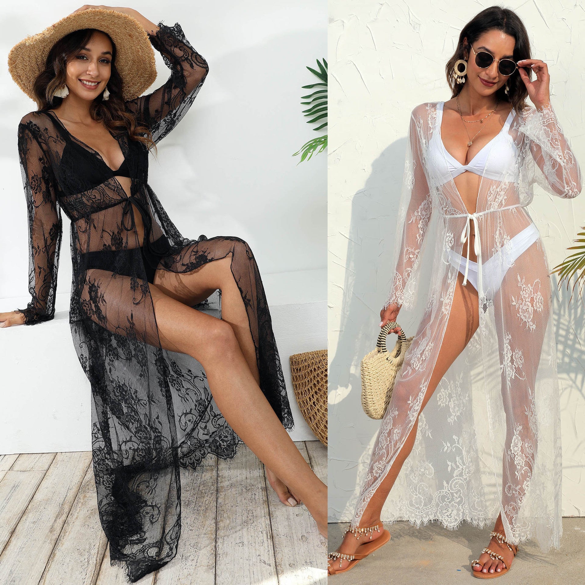 Damen transparentes Häkel-Kleid mit floralem Design R&B