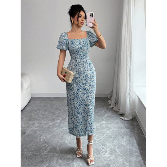 Damen Midikleid mit schulterfreien Puffärmeln und floralem Muster R&B