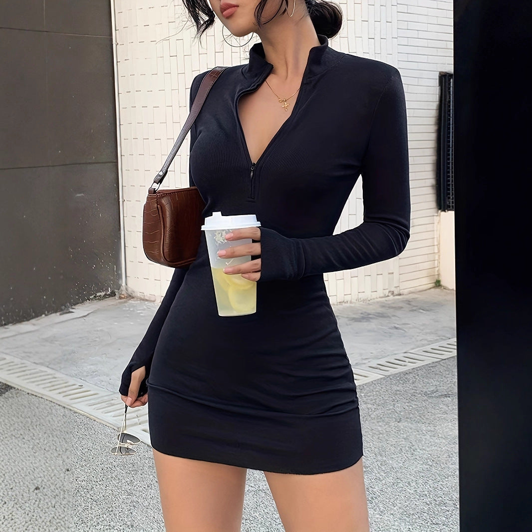 Damen figurbetontes Minikleid mit halbem Reißverschluss und langen Ärmeln R&B