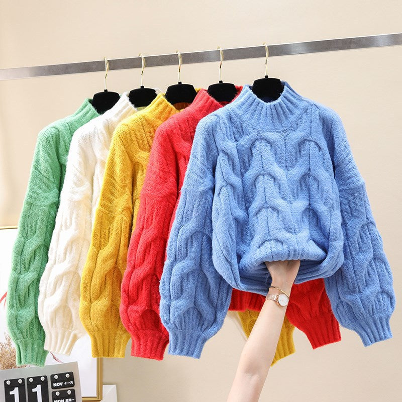 Damen kuscheliger Strickpullover mit voluminösen Ärmeln und Zopfmuster R&B
