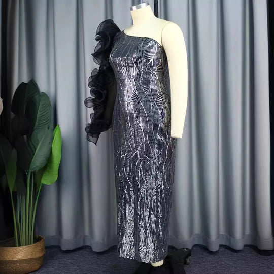 Damen Glamouröses Abendkleid mit schulterfreiem Design und voluminösen Rüschenärmel R&B