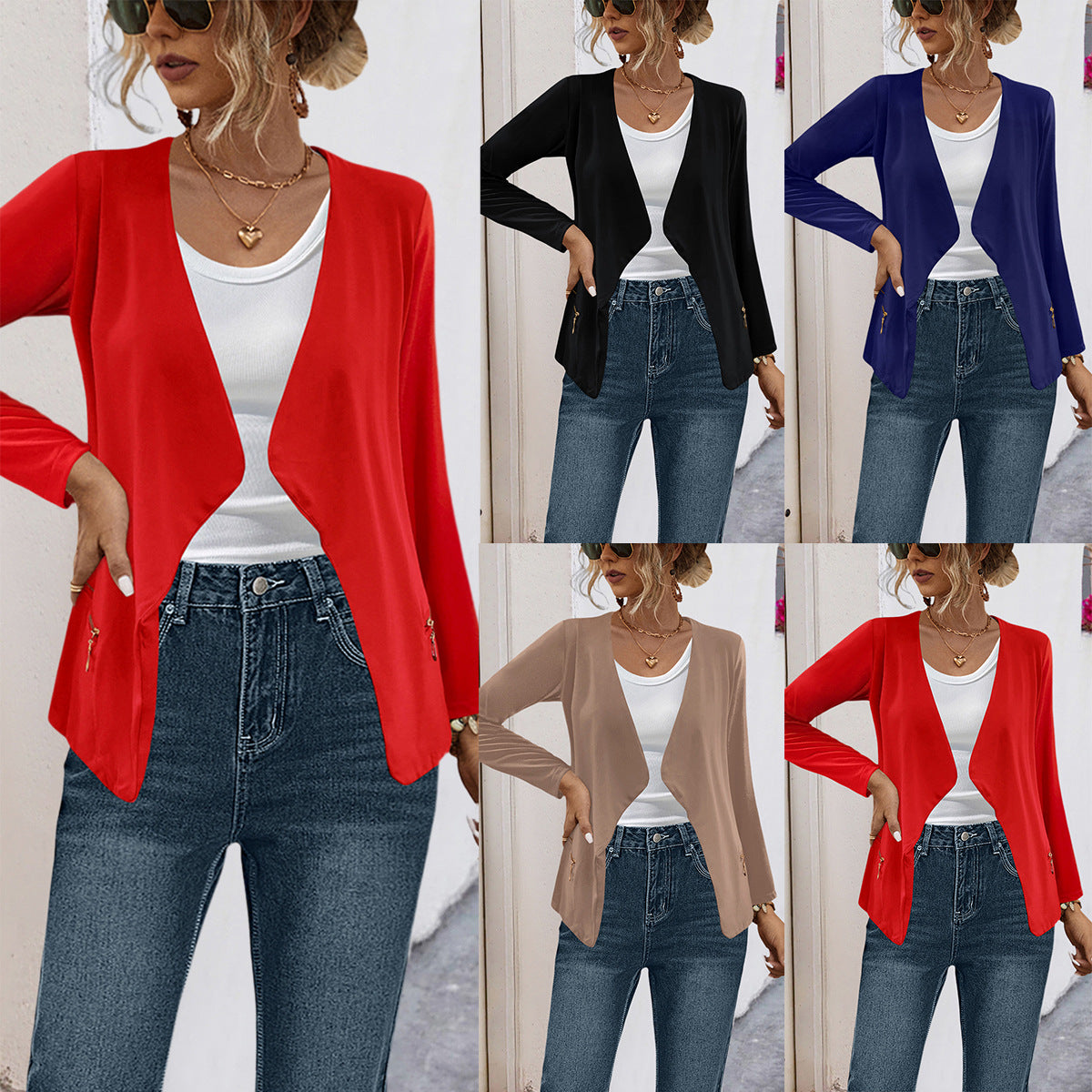 Damen elegante Jerseyjacke mit asymmetrischem Schnitt und subtilem Glanz R&B