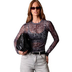 Damen nan feines Netzshirt mit Allover-Tiermuster, tailliertem Schnitt und Rundhalsausschnitt R&B