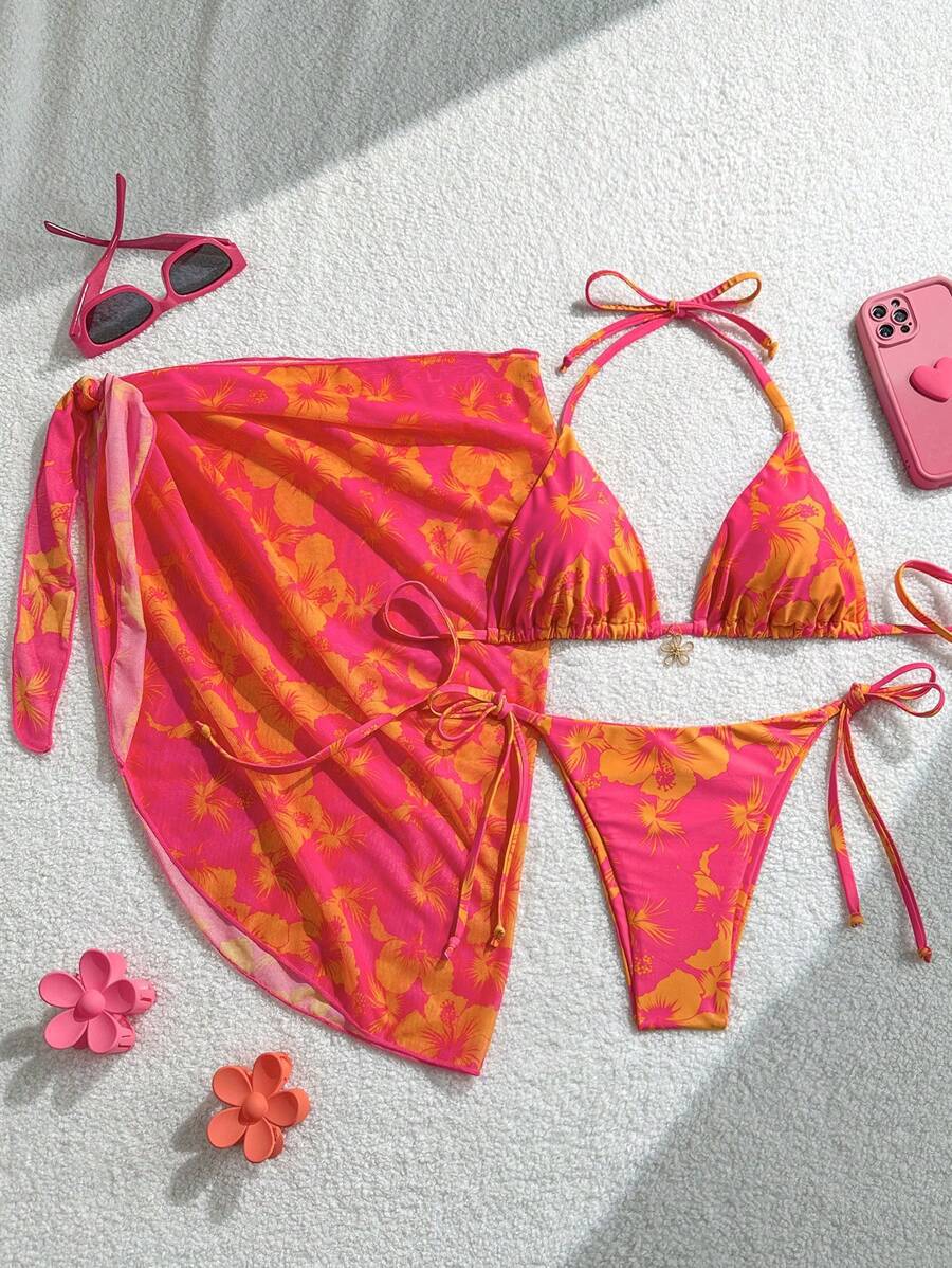 Damen Triangel-Bikini-Set mit verstellbaren Trägern und Wickeltuch R&B