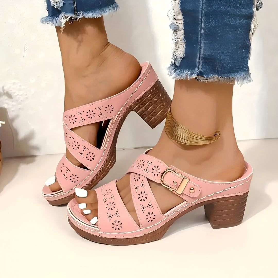 Damen offene Sandalen mit dekorativem Riemen und mittelhohem Absatz R&B