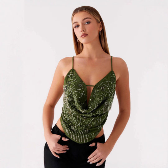 Damen Dekoratives Top mit tiefem Ausschnitt und raffinierten Stickdetails R&B