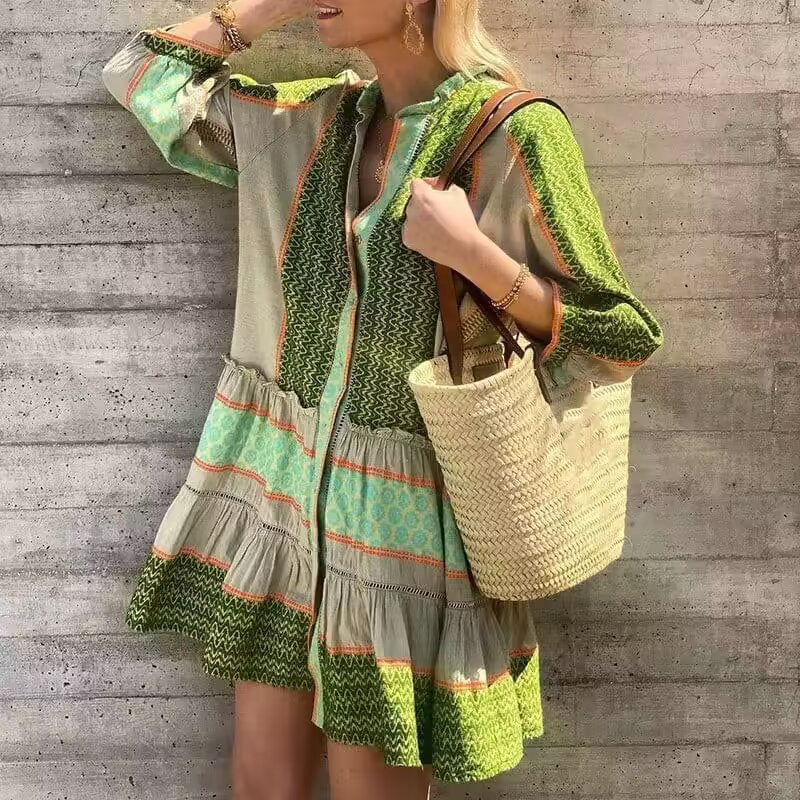 Damen Langarmhemdkleid mit elegantem Muster und Rüschensaum R&B