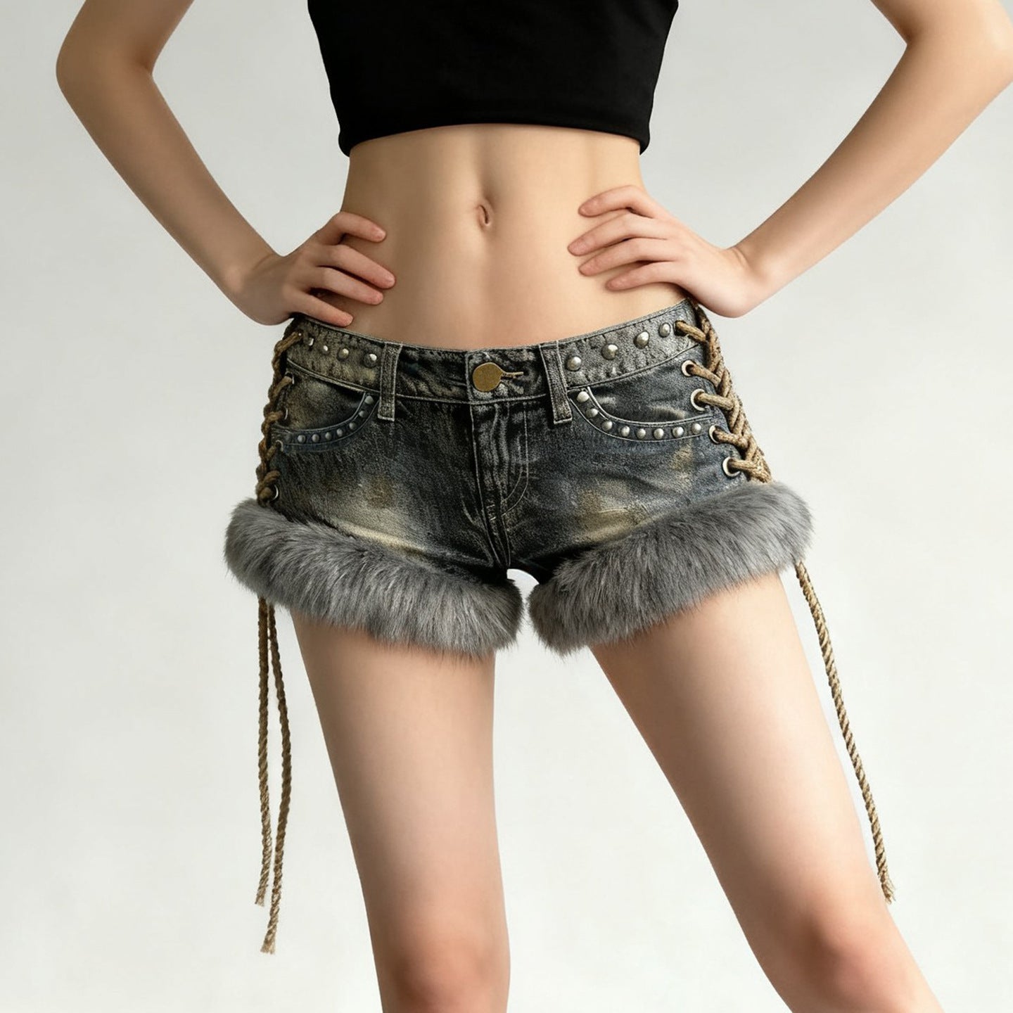 Damen Modische Denim-Shorts mit luxuriösem Kunstfell und Schnürdetails R&B