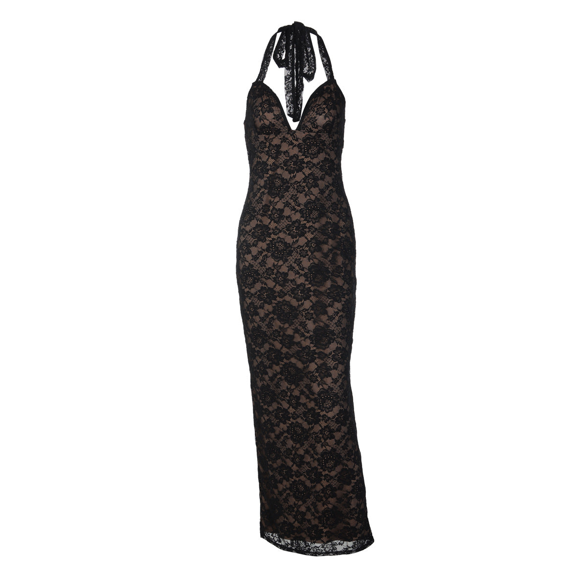 Damen Langes Spitzenkleid mit tiefem V-Ausschnitt und Halter-Design R&B