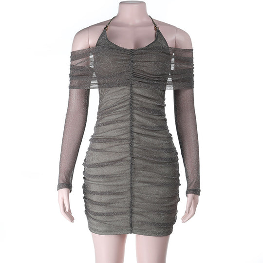 Damen figurbetontes Minikleid mit transparenten Ärmeln und Rüschendetails R&B
