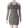Damen figurbetontes Minikleid mit transparenten Ärmeln und Rüschendetails R&B