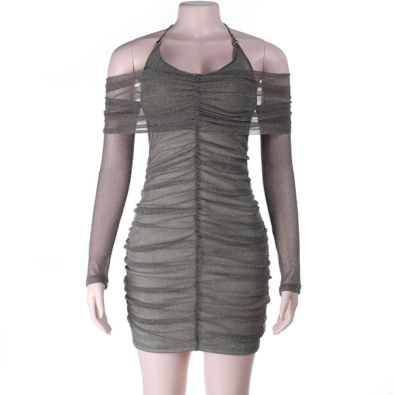 Damen figurbetontes Minikleid mit transparenten Ärmeln und Rüschendetails R&B