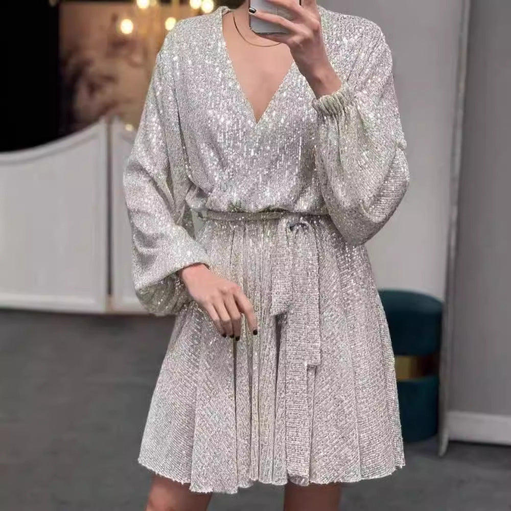 Damen funkelndes Cocktailkleid mit V-Ausschnitt und Taillengürtel R&B