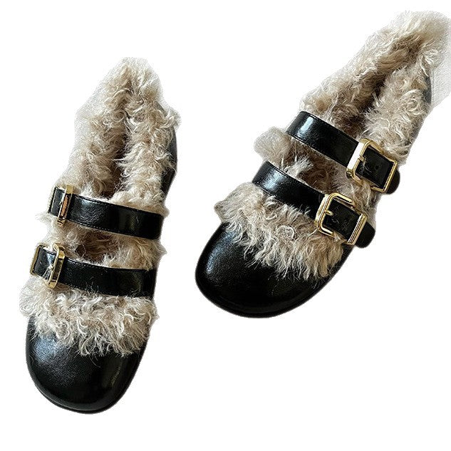 Damen Clogs mit kuscheligem Kunstfellkragen und modischen Schnallen R&B