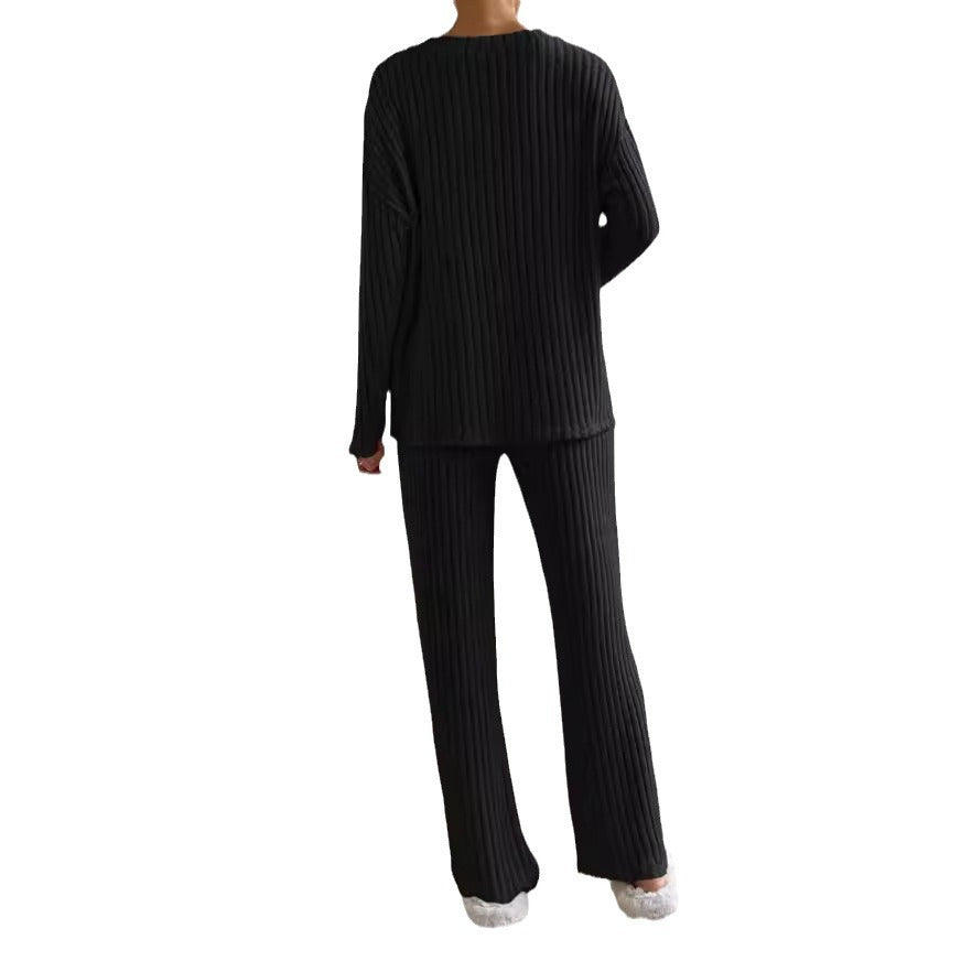 Damen Strickanzug mit V-Ausschnitt und feinem Rippdesign R&B