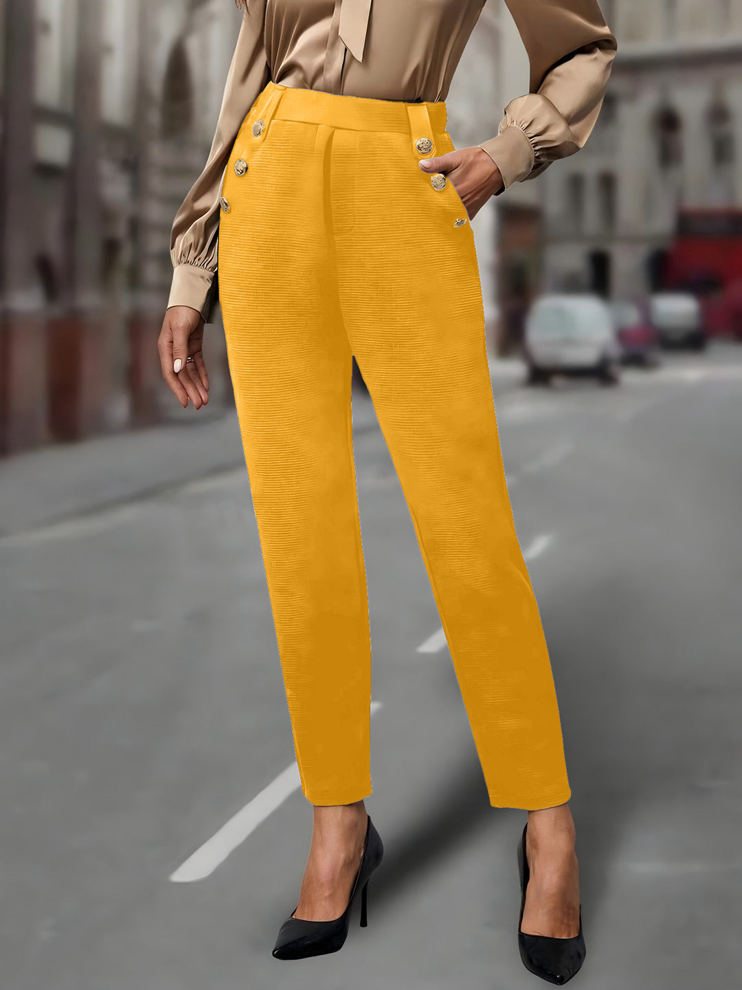 Damen elegante Anzughose mit doppeltem Knopfverschluss und schmalem Bein R&B