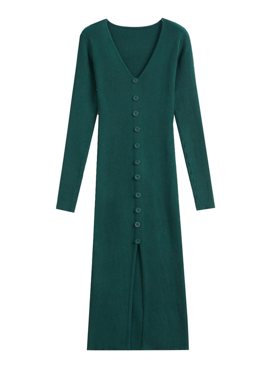 Damen Langes Strickkleid mit V-Ausschnitt und durchgehender Knopfleiste R&B