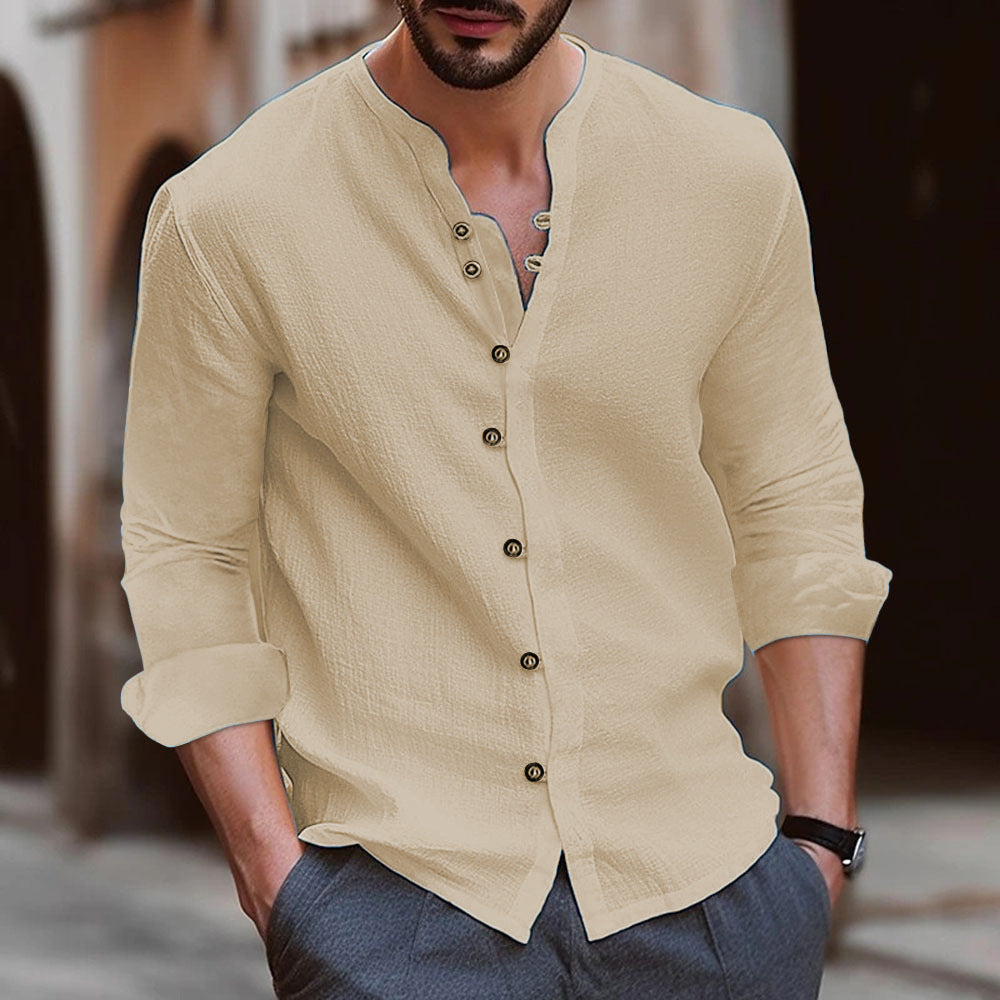 Herren Langarm-Henley-Hemd aus leichtem Baumwollgewebe mit modischem Knopfdetail R&B
