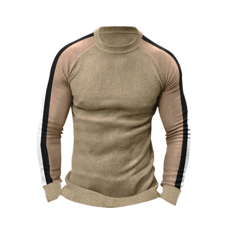 Herren sportlicher Strickpullover mit kontrastierenden Ärmeln und hohem Kragen