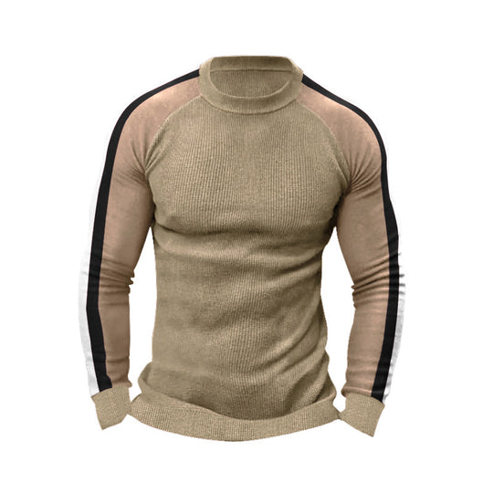Herren sportlicher Strickpullover mit kontrastierenden Ärmeln und hohem Kragen R&B