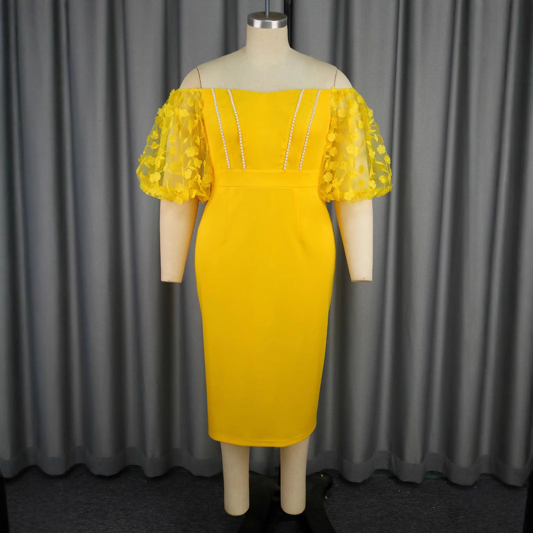 Damen figurbetontes Kleid mit verzierten Puffärmeln und Perlenakzenten R&B