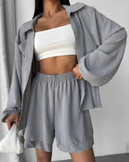 Damen Entspanntes Shorts-Set mit Oversized Hemd