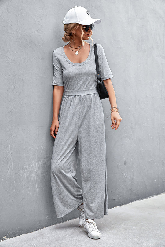 Damen Jumpsuit mit weitem Bein und elegantem Rundhalsausschnitt R&B