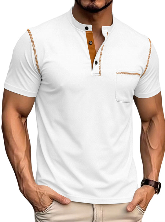Herren nan kurzärmeliges Henley-Shirt mit Stehkragen, Brusttasche und kontrastierenden Ziernähten R&B