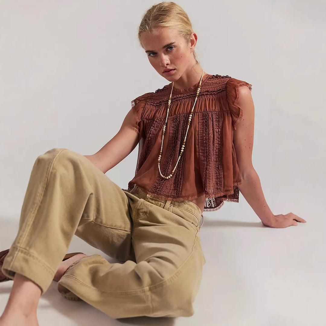 Damen Luftiges Spitzenoberteil mit Rüschendetails R&B