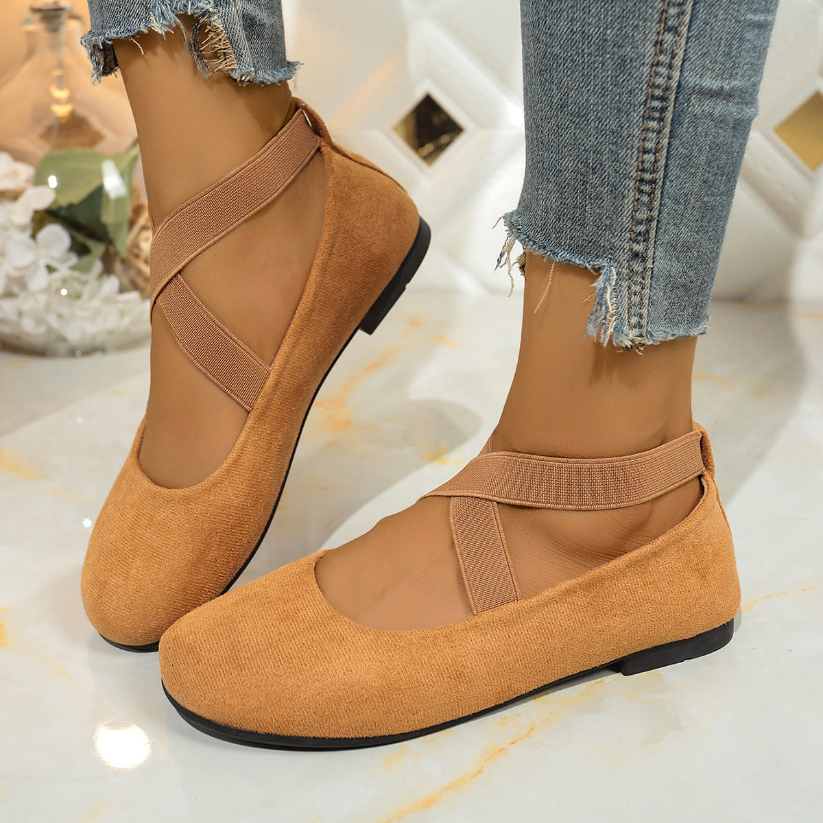 Damen Stylish Ballerinas mit elastischem Kreuzriemen und atmungsaktivem Obermaterial R&B